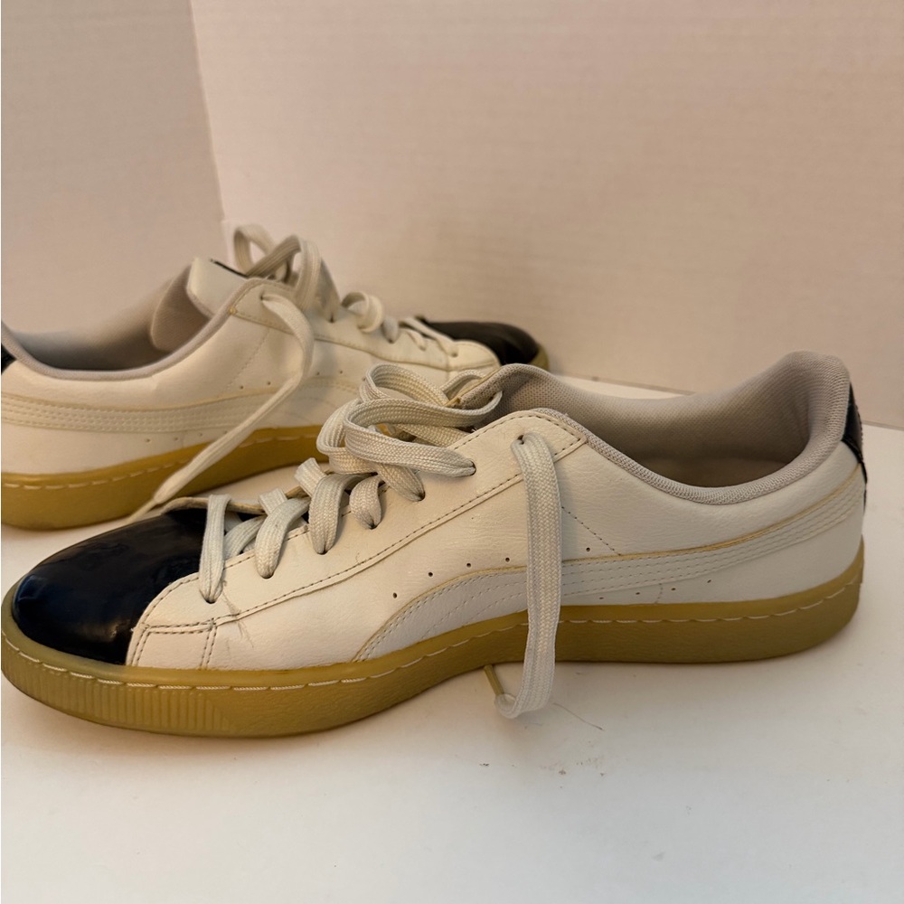 Puma White Leather Sneakers with BlackPatent Leather Toe Men’s 12 - Picture 10 of 14